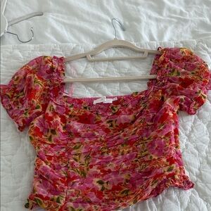 Astr Floral Puff-Sleeve Crop Top - Pink Multi